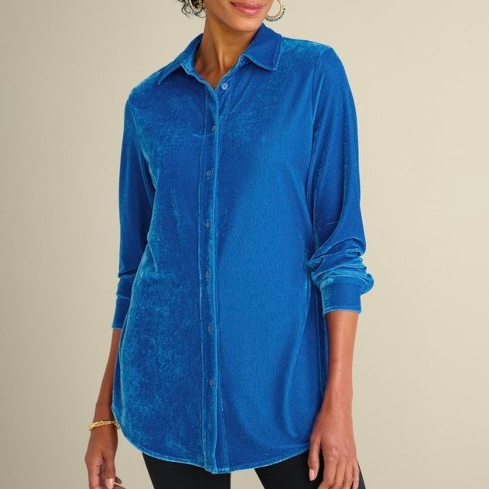 Soft Surroundings Velvet Boyfriend Tunic Shirt Womens 3X Cobalt Blue Oversized